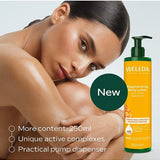 A woman rests her head against her shoulder beside a large image of Weleda Regenerating Body Lotion, with text highlighting the 250ml size, active complexes and pump dispenser.