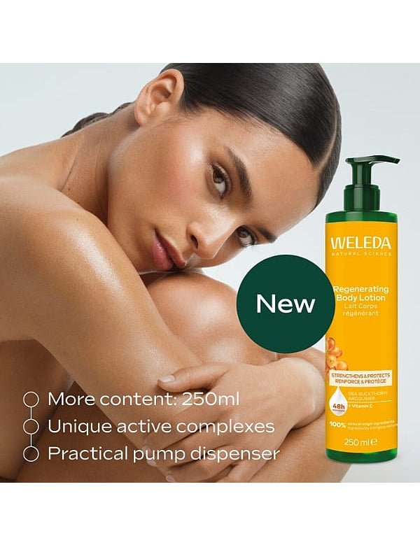 A woman rests her head against her shoulder beside a large image of Weleda Regenerating Body Lotion, with text highlighting the 250ml size, active complexes and pump dispenser.