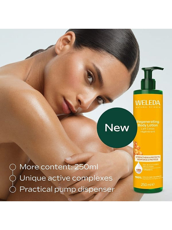 A woman rests her head against her shoulder beside a large image of Weleda Regenerating Body Lotion, with text highlighting the 250ml size, active complexes and pump dispenser.