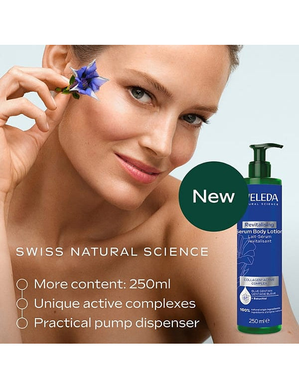 A woman holds a small blue flower beside her eye next to a large image of Weleda Revitalising Serum Body Lotion, with text highlighting the 250ml size, active complexes and pump dispenser.