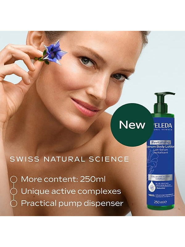 A woman holds a small blue flower beside her eye next to a large image of Weleda Revitalising Serum Body Lotion, with text highlighting the 250ml size, active complexes and pump dispenser.