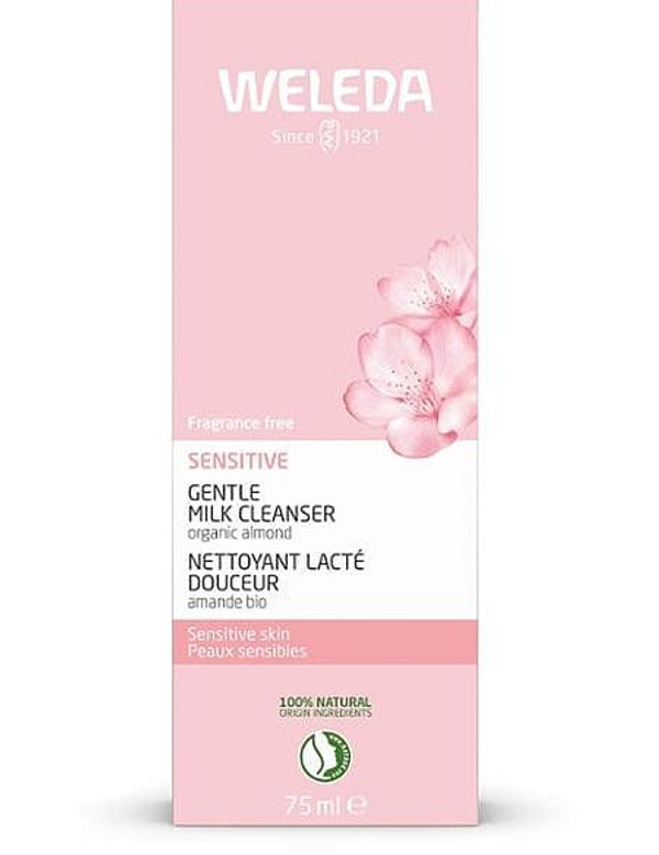 Front of the pink Weleda Sensitive Gentle Milk Cleanser 75ml carton with almond blossom artwork and product details.