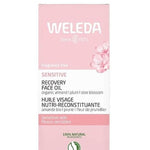 Pale pink carton of Weleda Sensitive Recovery Face Oil 50ml with blossom illustrations, product details and natural certification mark visible.