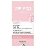Pale pink carton of Weleda Sensitive Recovery Face Oil 50ml with blossom illustrations, product details and natural certification mark visible.