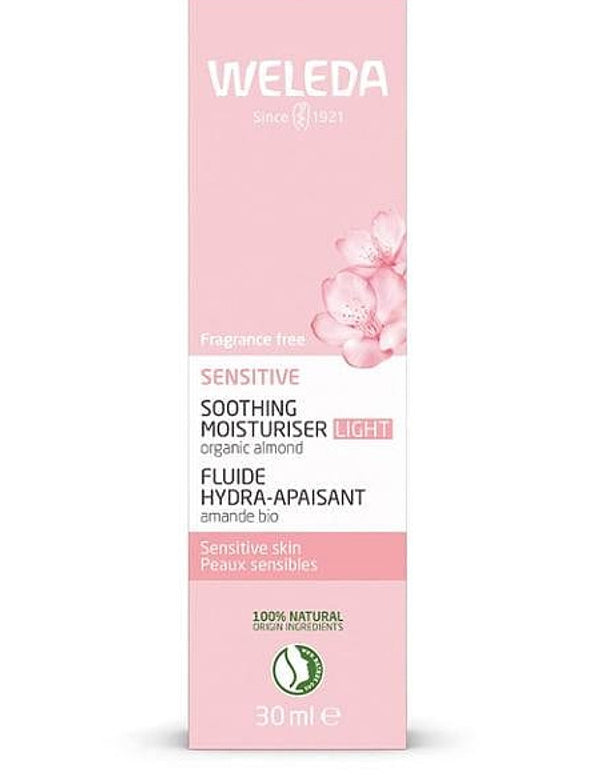 Front view of Weleda Sensitive Soothing Moisturiser Light 30ml in its pale pink carton, showing the almond blossom artwork and product label.