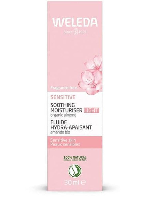Front view of Weleda Sensitive Soothing Moisturiser Light 30ml in its pale pink carton, showing the almond blossom artwork and product label.