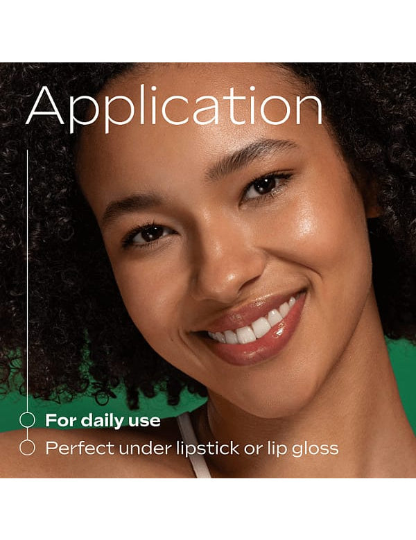 Smiling model wearing Weleda Skin Food Lip Stick, with application text advising daily use and use beneath lipstick or lip gloss.