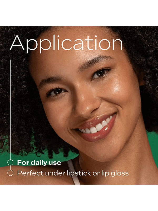 Smiling model wearing Weleda Skin Food Lip Stick, with application text advising daily use and use beneath lipstick or lip gloss.