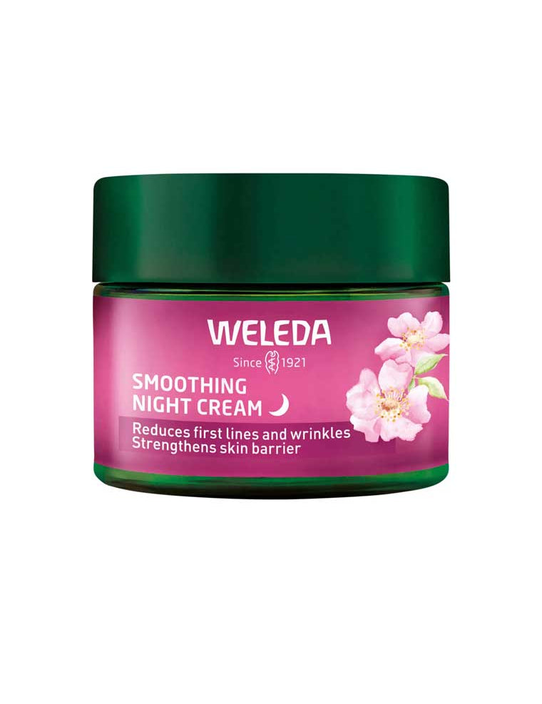 Weleda Smoothing Night Cream with Wild Rose and White Tea, reducing first lines and strengthening skin barrier.