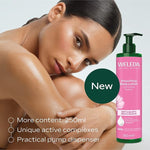 Weleda Wild Rose Smoothing Body Lotion beside a reclining woman, with callouts for the 250ml size, active complexes and pump dispenser.
