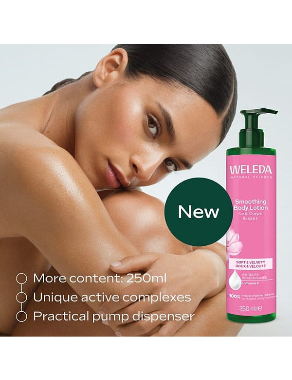 Weleda Wild Rose Smoothing Body Lotion beside a reclining woman, with callouts for the 250ml size, active complexes and pump dispenser.