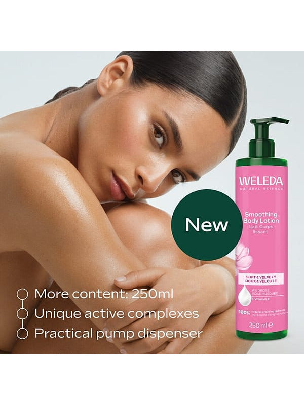 Weleda Wild Rose Smoothing Body Lotion beside a reclining woman, with callouts for the 250ml size, active complexes and pump dispenser.