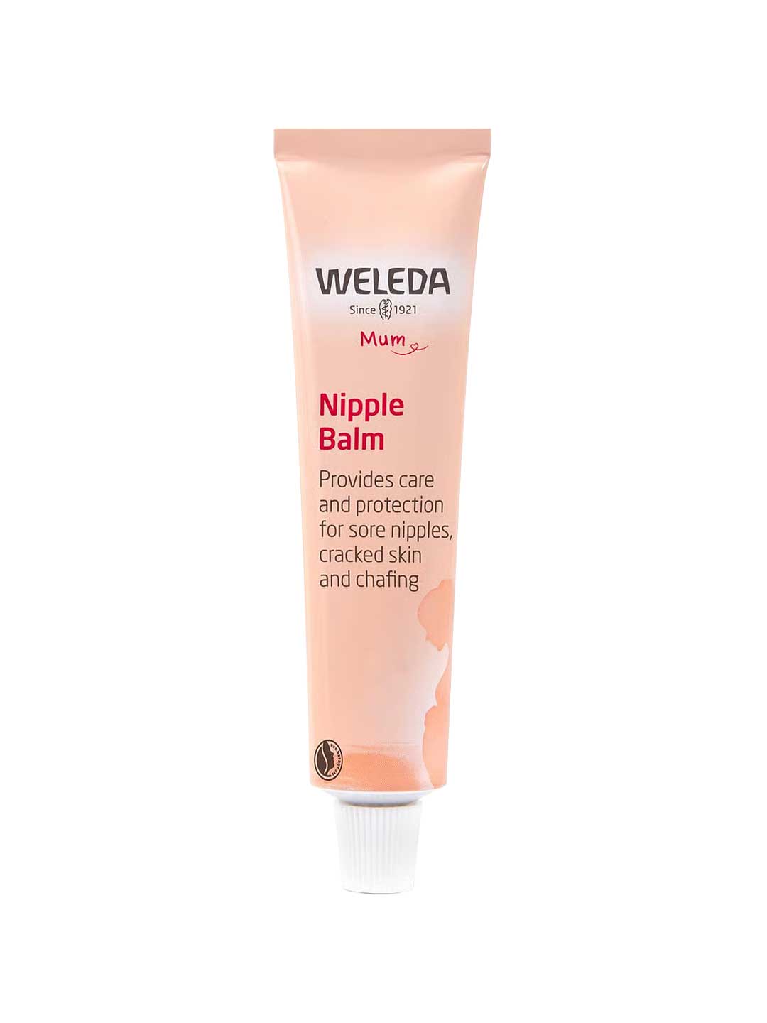 Weleda Nipple Balm 25g comes in a peach-colored tube with a white cap, offering care and protection for sore nipples, cracked skin, and chafing.