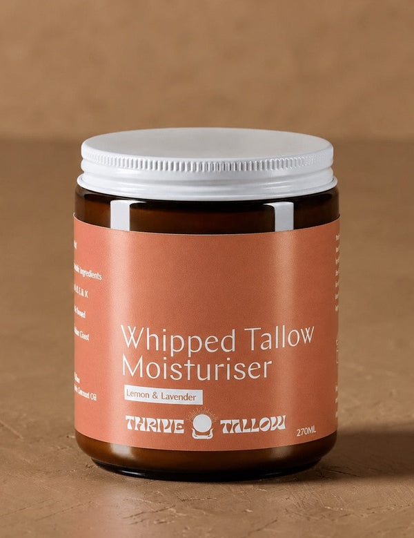 Whipped Tallow Moisturiser large jar in warm natural light – Thrive Tallow Whipped Tallow Moisturiser Scented 70ml