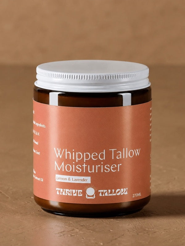 Whipped Tallow Moisturiser large jar in warm natural light – Thrive Tallow Whipped Tallow Moisturiser Scented 70ml