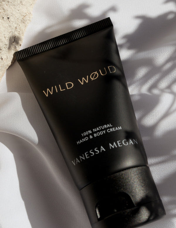 Vanessa Megan Wild Woud Perfume Hand and Body Cream tube in shadow light