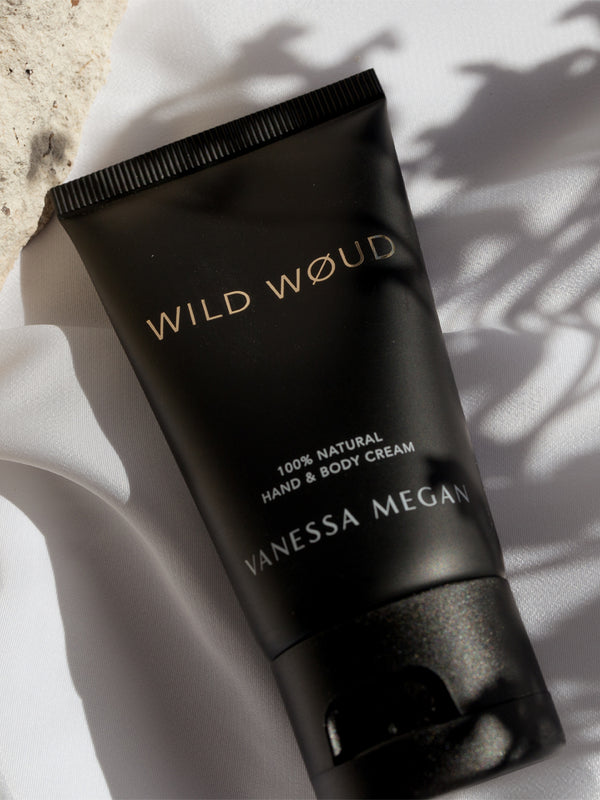 Vanessa Megan Wild Woud Perfume Hand and Body Cream tube in shadow light