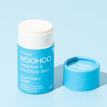 Open WooHoo Surf deodorant stick styled on a blue background