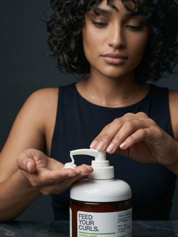 Woman dispensing Yarok Feed Your Curls Defining Crème into her palm