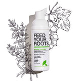 Yarok Feed Your Roots Mousse bottle displayed with black-and-white rosemary and blackcurrant botanical illustrations on white.