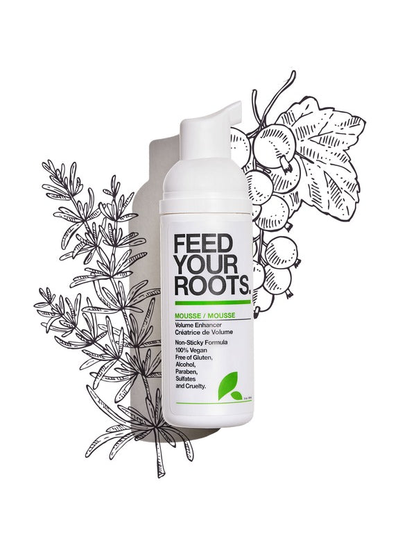 Yarok Feed Your Roots Mousse bottle displayed with black-and-white rosemary and blackcurrant botanical illustrations on white.