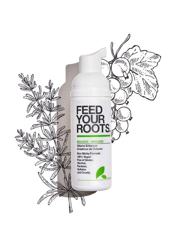 Yarok Feed Your Roots Mousse bottle displayed with black-and-white rosemary and blackcurrant botanical illustrations on white.
