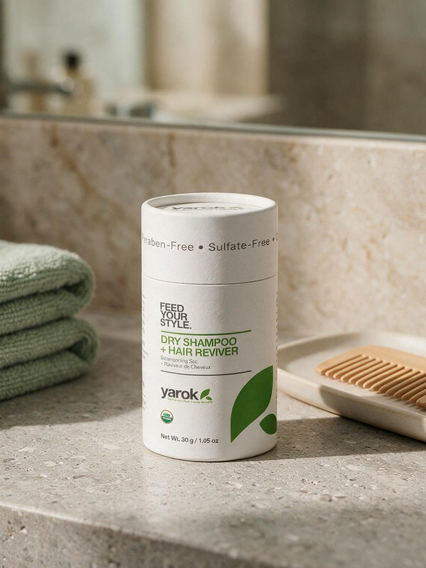 Yarok Feed Your Style Dry Shampoo on a bathroom vanity