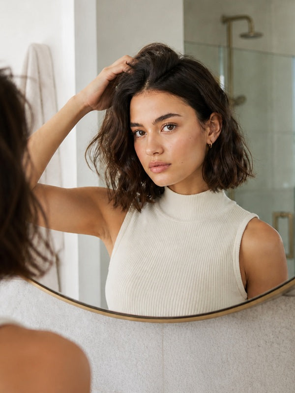 Woman massaging Yarok Feed Your Style Dry Shampoo into her roots in a mirror
