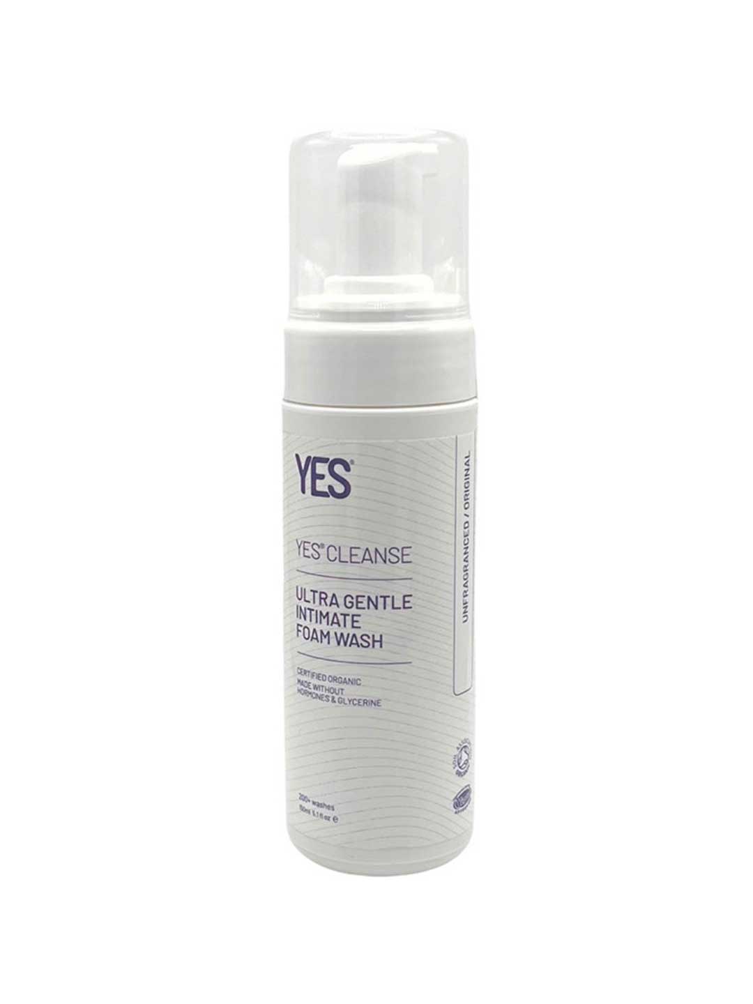 A white bottle of Yes Cleanse Ultra Gentle Intimate Foam Wash 150ml, featuring a clear pump lid and purple text on the label, stands upright against a white background.
