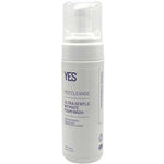 A white bottle of Yes Cleanse Ultra Gentle Intimate Foam Wash 150ml, featuring a clear pump lid and purple text on the label, stands upright against a white background.