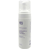 A white bottle of Yes Cleanse Ultra Gentle Intimate Foam Wash 150ml, featuring a clear pump lid and purple text on the label, stands upright against a white background.