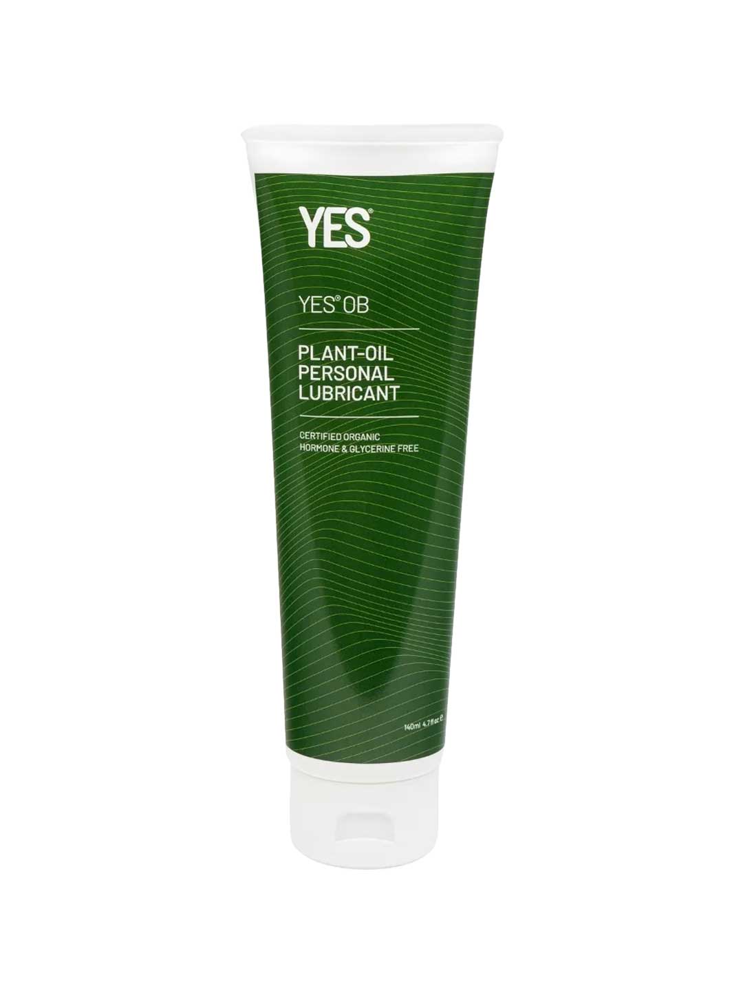 A 140ml green tube of YES OB Plant Oil Based Lubricant stands upright on a white background. The label notes it's certified organic, hormone- and glycerine-free.