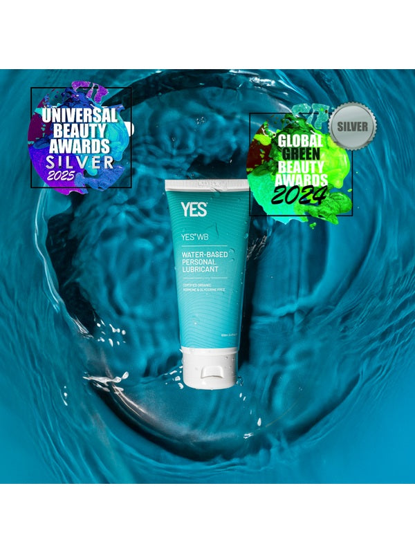 YES WB Water-Based Lubricant floating in water with award badges