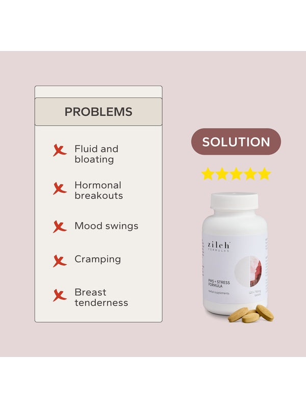 PMS concerns addressed by Zilch PMS + Stress Formula – Zilch PMS + Stress Formula 120 Tablets